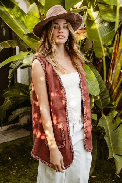 Braided Edge Washed Long Vest