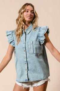 Frayed Edge Ruffle Denim Top