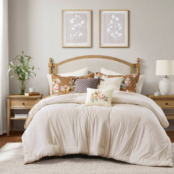 7 Piece Vintage Floral Comforter Set, Terracotta: Queen
