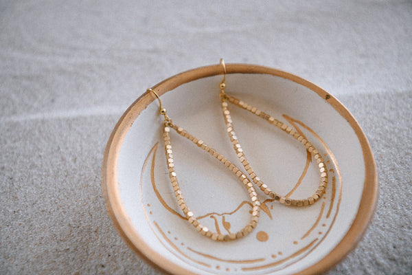 Gold Round Beaded Teardrop Earrings