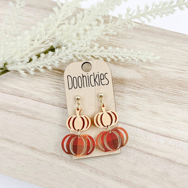 Fall Double Plaid Pumpkin Dangle Acrylic Earrings: Brown