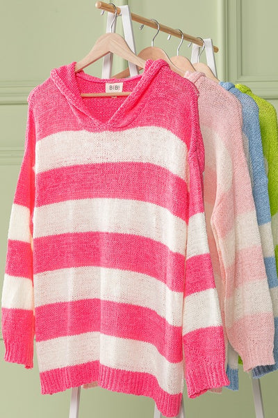 Pink Striped Knit Hoodie