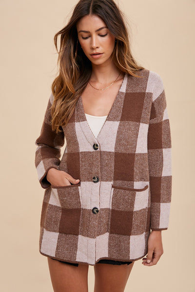 Sophie Big Check V-Neck Sweater Coat