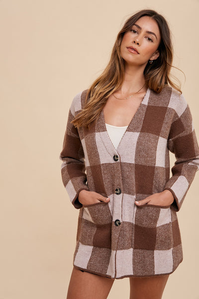 Sophie Big Check V-Neck Sweater Coat