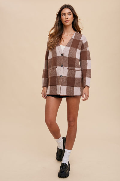 Sophie Big Check V-Neck Sweater Coat