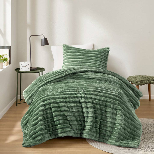 300GSM Fluffy Ribbed Plush Comforter Set,Green: King/Cal King