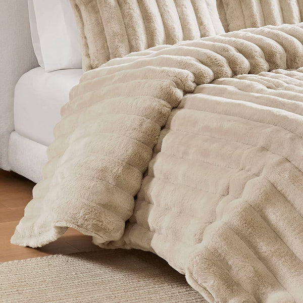 3 Piece Ultra Soft Faux Fur Ribbed Comforter Set, Taupe: King