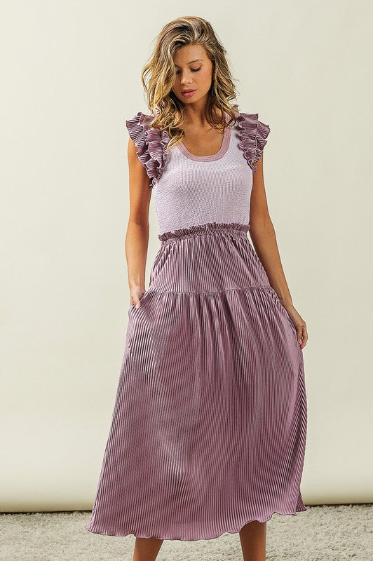 Shannon Ruffle Sleeve Pleated Dress