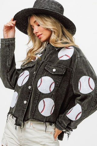 Sequin Baseball Washed Corduroy Jacket