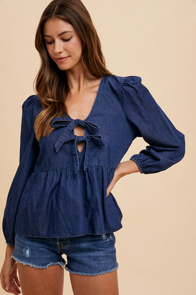 Dark Denim Front-Tie Peplum Blouse