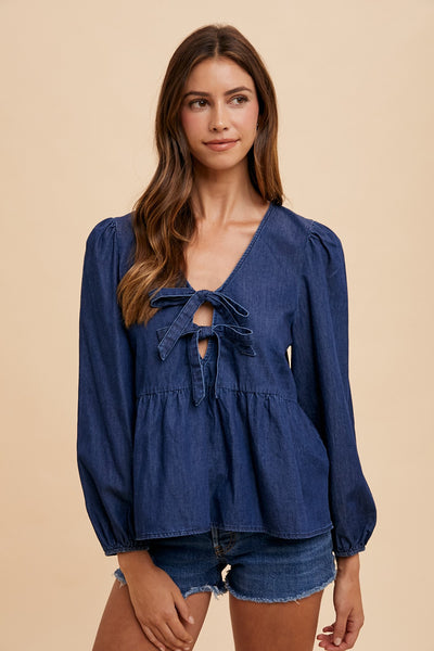 Dark Denim Front-Tie Peplum Blouse