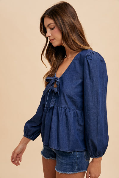 Dark Denim Front-Tie Peplum Blouse
