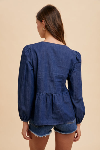 Dark Denim Front-Tie Peplum Blouse