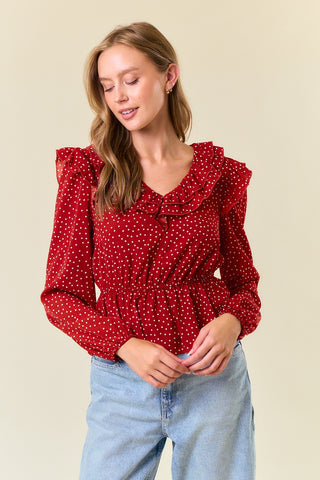 Polka Dot Ruffle V-Neck Blouse