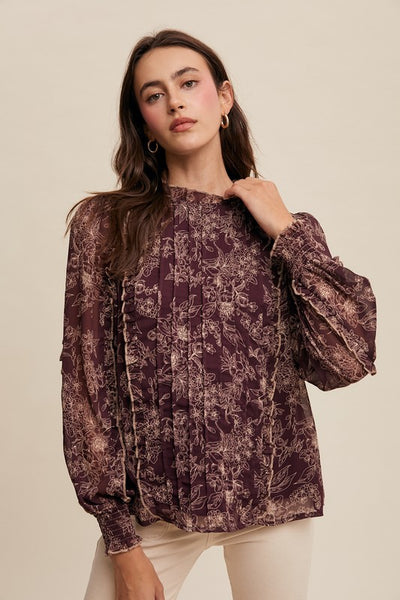 Susan Floral Pleated Long Sleeve Blouse