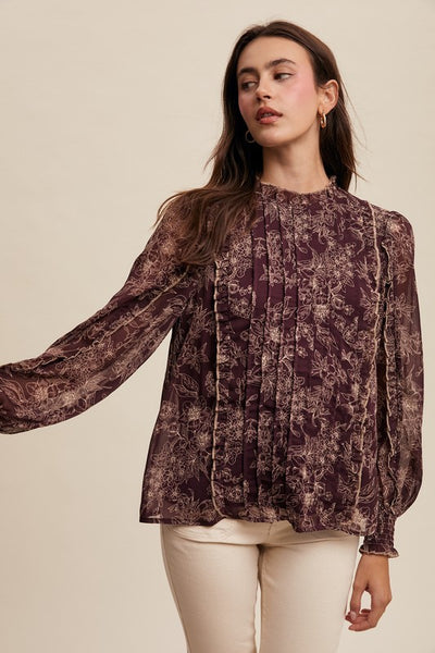 Susan Floral Pleated Long Sleeve Blouse