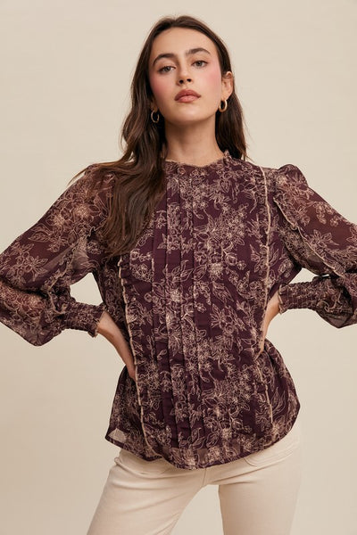 Susan Floral Pleated Long Sleeve Blouse