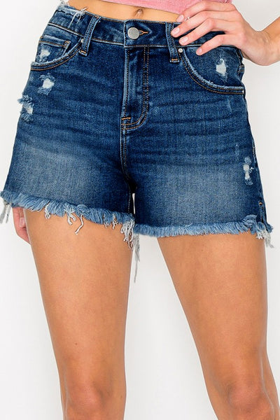 Leigh Mid-Rise Distressed Shorts