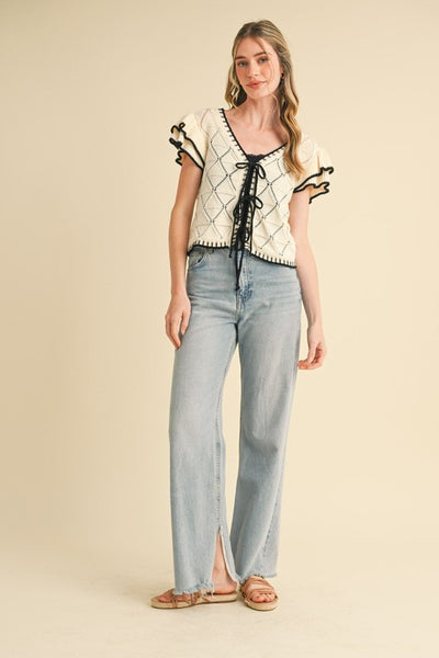 Flutter Sleeve Pointelle Sweater