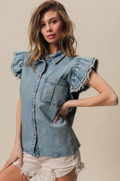 Frayed Edge Ruffle Denim Top