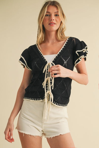 Flutter Sleeve Pointelle Sweater