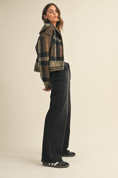 Fuzzy Sweater Plaid Cropped Jacket