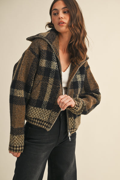 Fuzzy Sweater Plaid Cropped Jacket