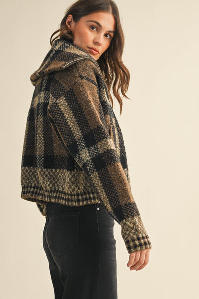 Fuzzy Sweater Plaid Cropped Jacket
