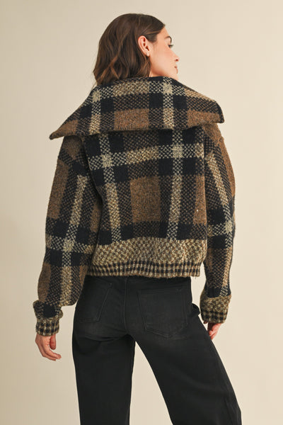 Fuzzy Sweater Plaid Cropped Jacket