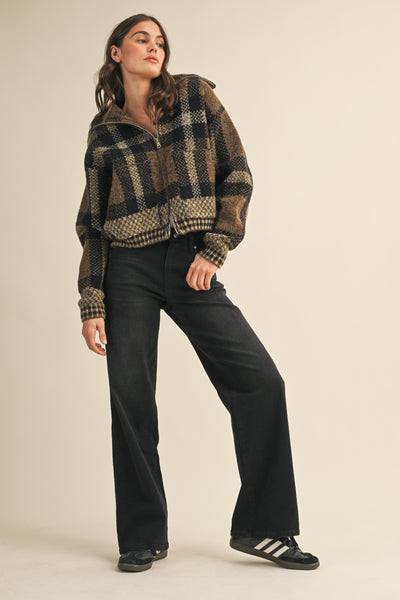 Fuzzy Sweater Plaid Cropped Jacket
