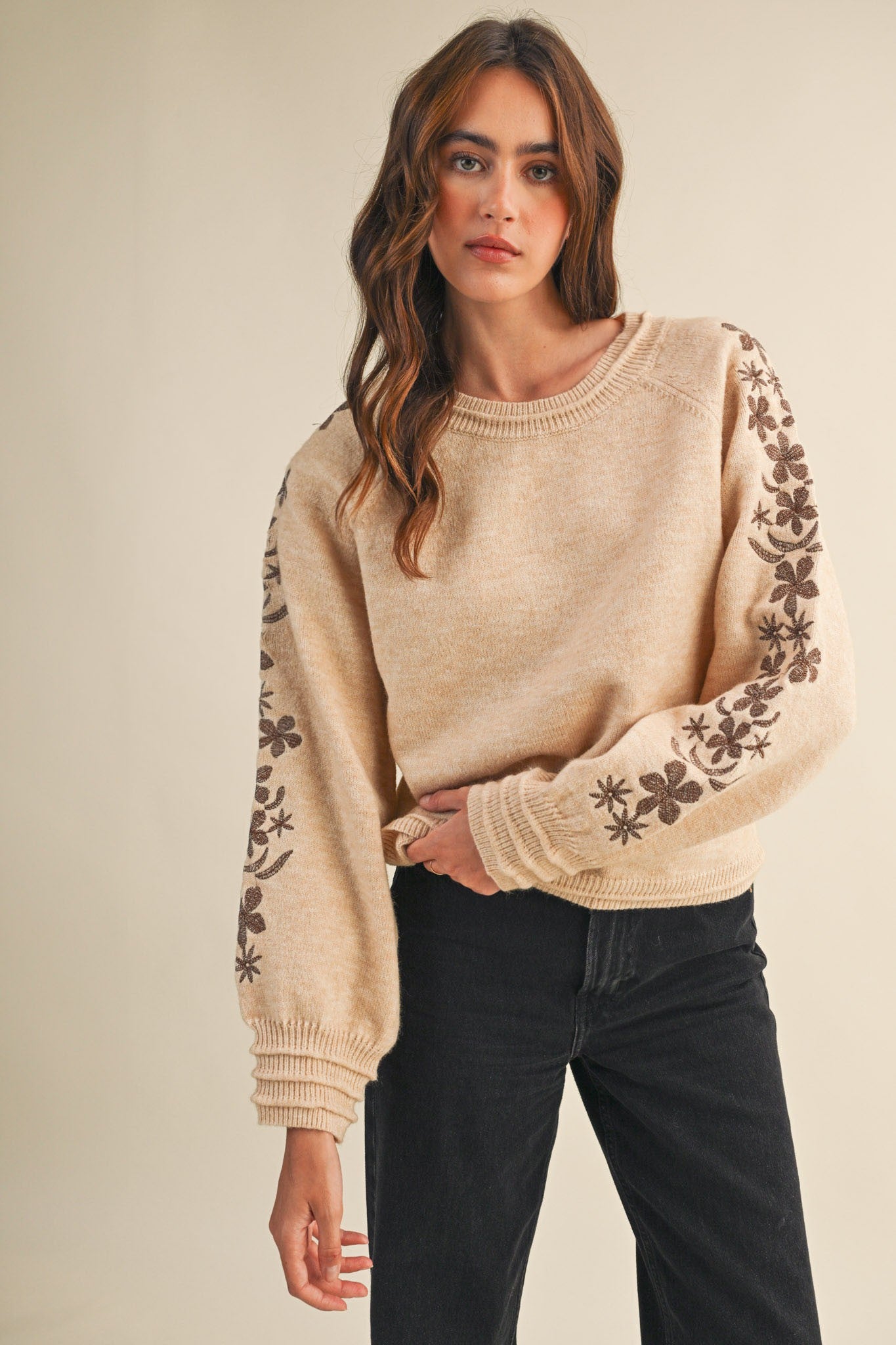 Hadley Floral Embroidery Sleeve Sweater