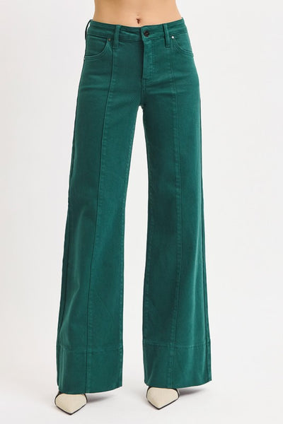 Hunter Green Wide Leg Risen Jeans