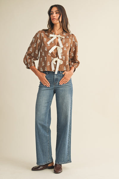 Mia Embroidery Front-Tie Blouse