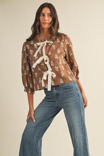 Mia Embroidery Front-Tie Blouse