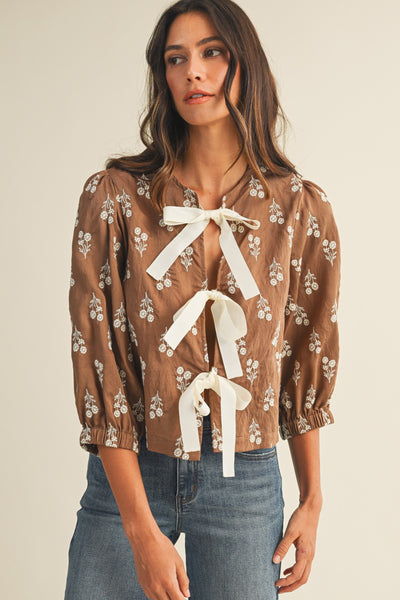 Mia Embroidery Front-Tie Blouse