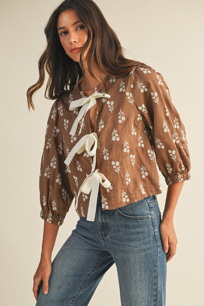 Mia Embroidery Front-Tie Blouse