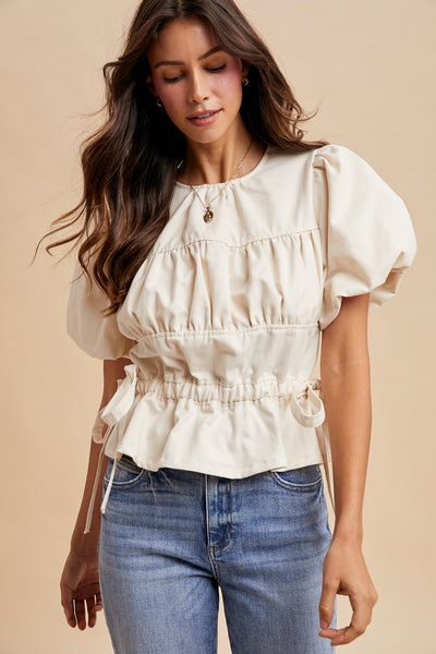 Bubble Sleeve Ruching Blouse