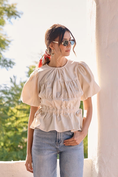 Bubble Sleeve Ruching Blouse