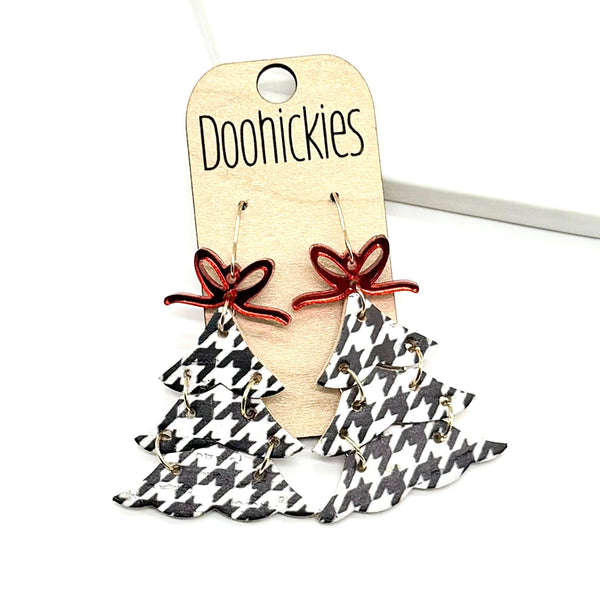Houndstooth Christmas Tree Earrings w/ Red Mirror Bow - Cork