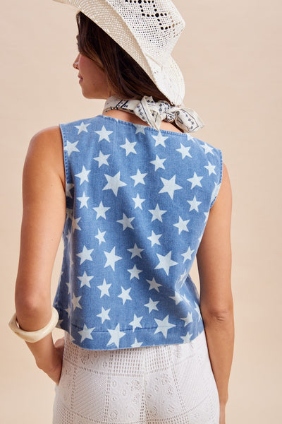 Star Printed Front Tie Denim Vest