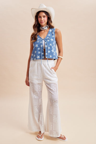 Star Printed Front Tie Denim Vest