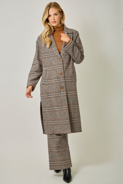 Hillary Houndstooth Plaid Long Coat