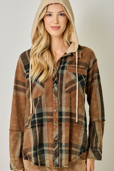 Washed Plaid Hooded Shacket