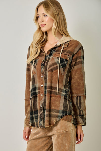 Washed Plaid Hooded Shacket
