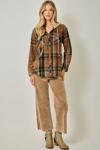 Washed Plaid Hooded Shacket