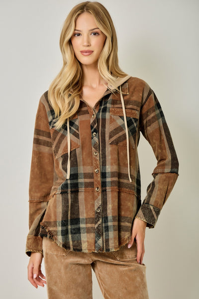 Washed Plaid Hooded Shacket