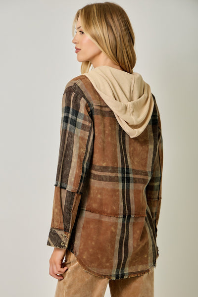 Washed Plaid Hooded Shacket