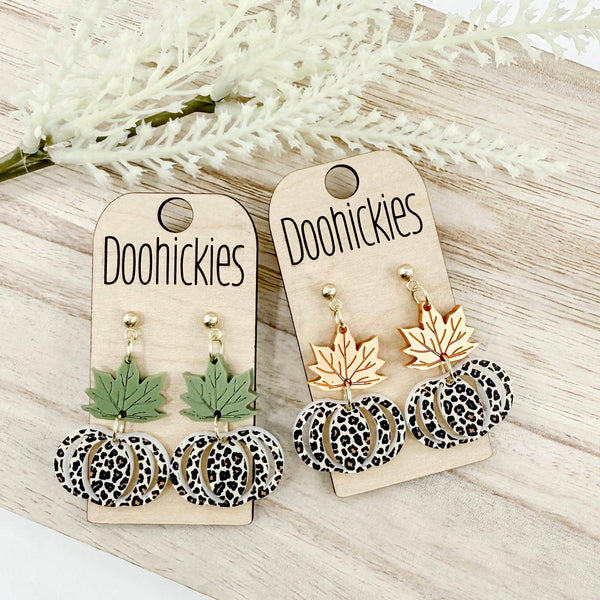 Fall Double Leaf and Leopard Pumpkin Dangle Acrylic Earrings: Olive