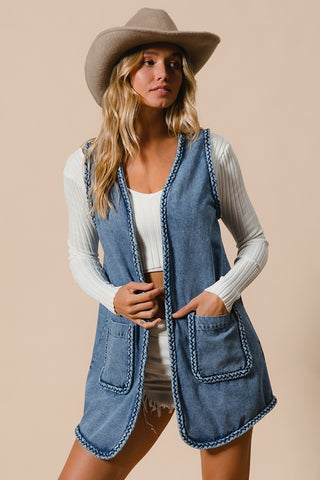 Braided Edge Washed Long Vest