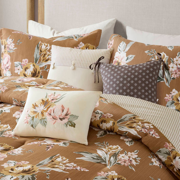 7 Piece Vintage Floral Comforter Set, Terracotta: Queen